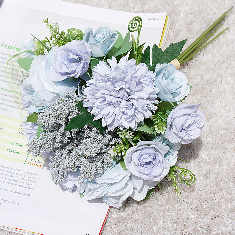 

Silk Artificial Hydrangea Flowers Wedding Bride Holding Romantic Fake Flower Bouquet Party DIY Floral for Home Garden Decoration, Blue