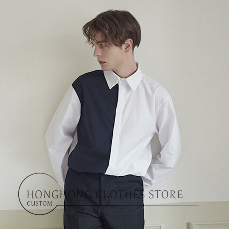 

6XL! Plus-size men' wear runway!!! New design black and white men' shirt tailored loose long sleeves men