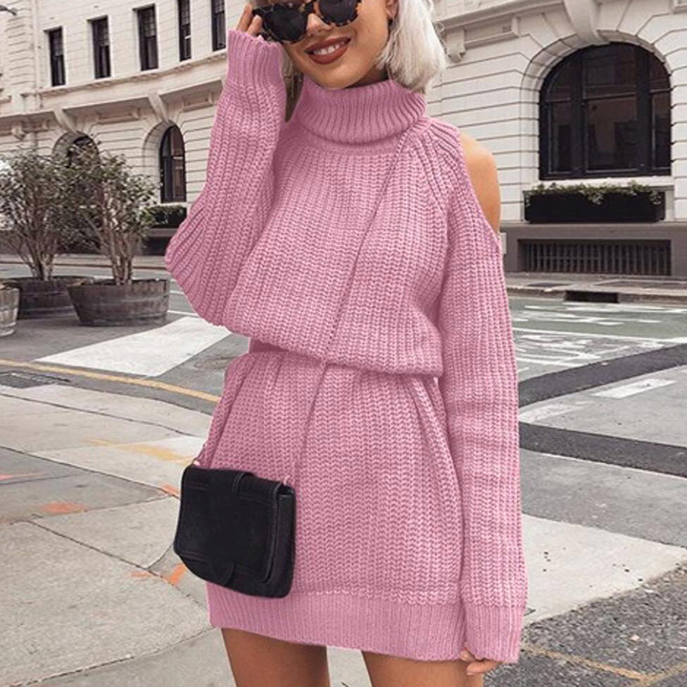 

LITTHING Autumn Winter Turtleneck Off Shoulder Knitted Sweater Dress Women Solid Slim Plus Size Long Pullovers Knitting Jumper, Beige