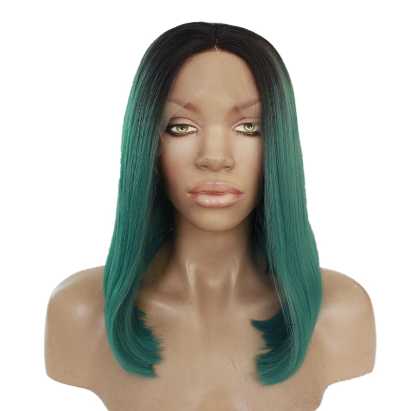 

Short Bob Ombre Green Wig With Dark Roots Short Straight Fiber Hair Synthetic Lace Front Wig For Women