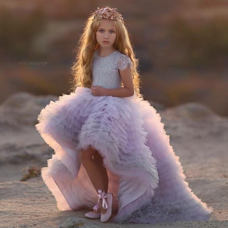 

Gorgeous Lavender High Low Girls Pageant Dresses Princess Cap Sleeve Jewel Neck Ruched Tier Organza Skirts Formal Party Gowns For Teens, Silver
