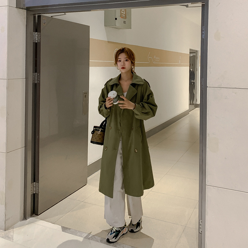 

New 2020 Autumn Women Casual Simple Classic Trench coat with belt Female windbreaker manteau femme hiver Army Green Outwear