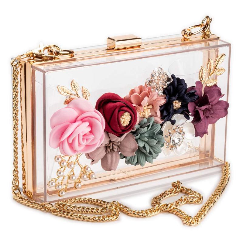 

ABDB-Women PVC+ fabric Flower Clutches Crossbody Floral Purse With Gold Chain Pearls Beaded Evening Bags For Wedding Prom Banq, Photo color