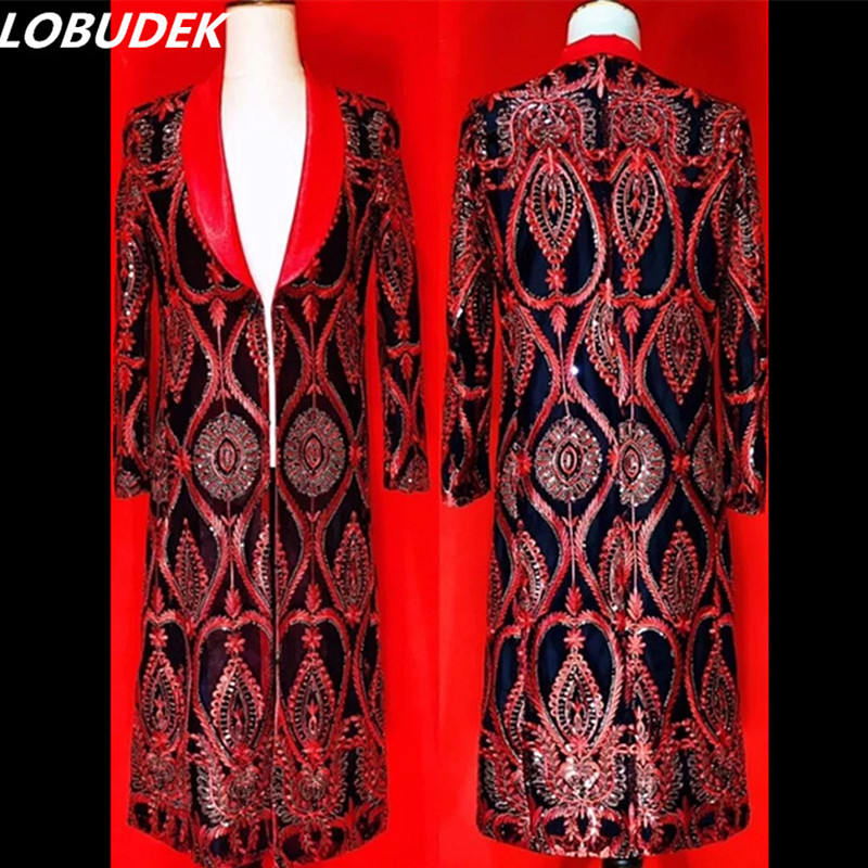 

Tide Male Singer Shiny Sequin Long Blazer British Style Vintage Embroidery Sequins Long Coat Overcoat Stage Performance Clothes, Red