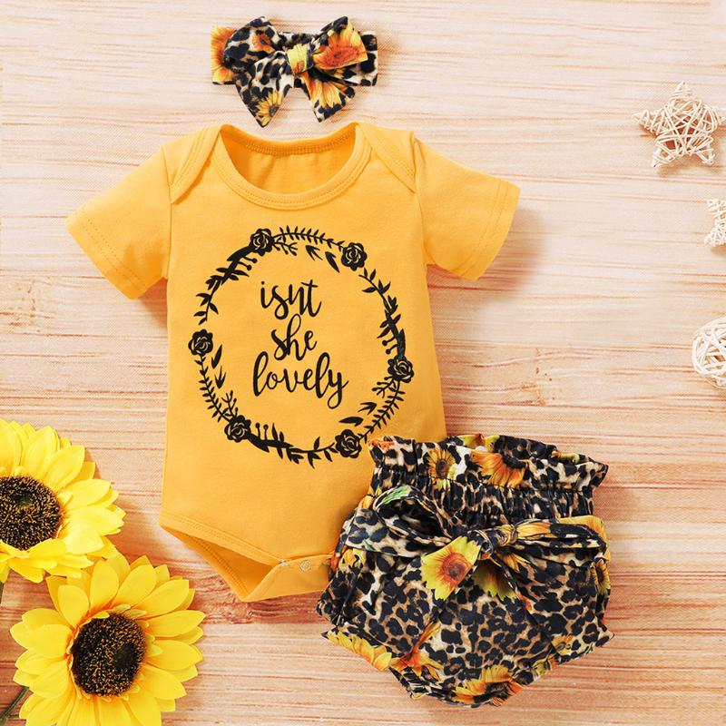 

Baby Girl Clothes Set New Born Infant Baby Girls Letter Bodysuit+sunflower Leopard Print Shorts Girl Summer Clothes Outfits, Yellow