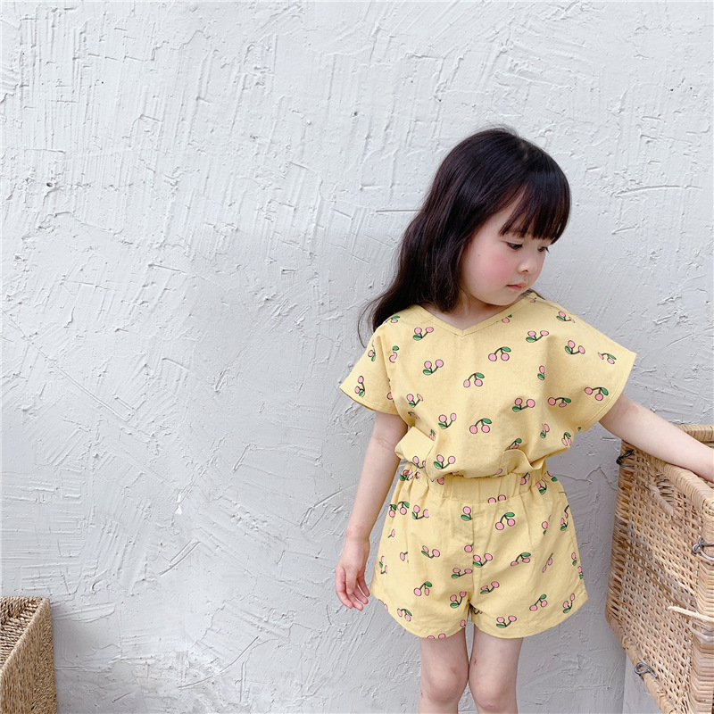 

Summer cute girls cherry printing clothes sets 2020 cotton 2 pcs sets children casual outfits, White