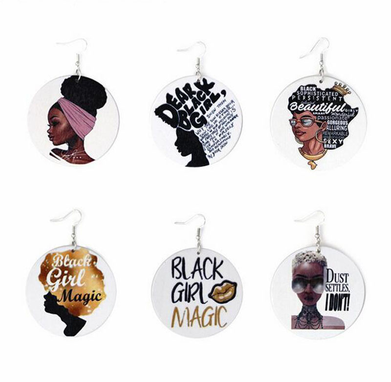 

6 Styles Fashion African Head Printed Colorful Wooden Earrings Afro Girls Wood Charm Pendant Dangle Ear Hook Eardrop Earring For Women Gifts, Silver