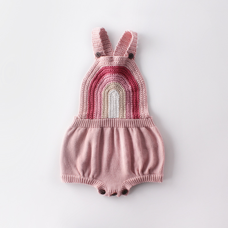 

2020 Baby Knitted Clothing Infant Newborn Baby Girls Rainbow Overall Knitted Jumpsuits Cross Back Sleeveless Bodysuits, Beige