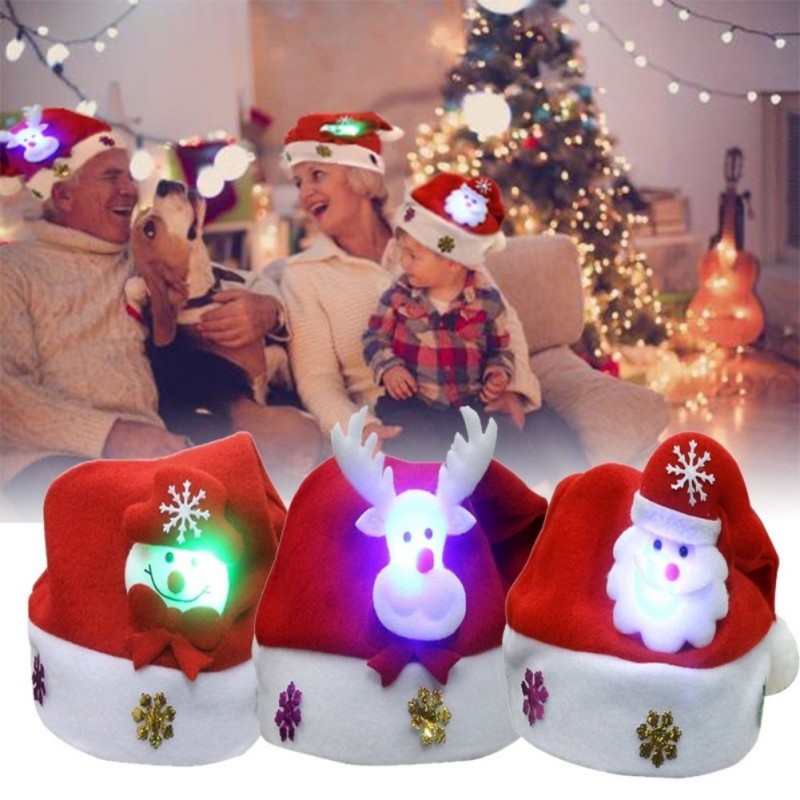 

New Year LED Light Up Xmas Christmas Party Night Santa Hat Kids Adult Santa Claus Reindeer Snowman