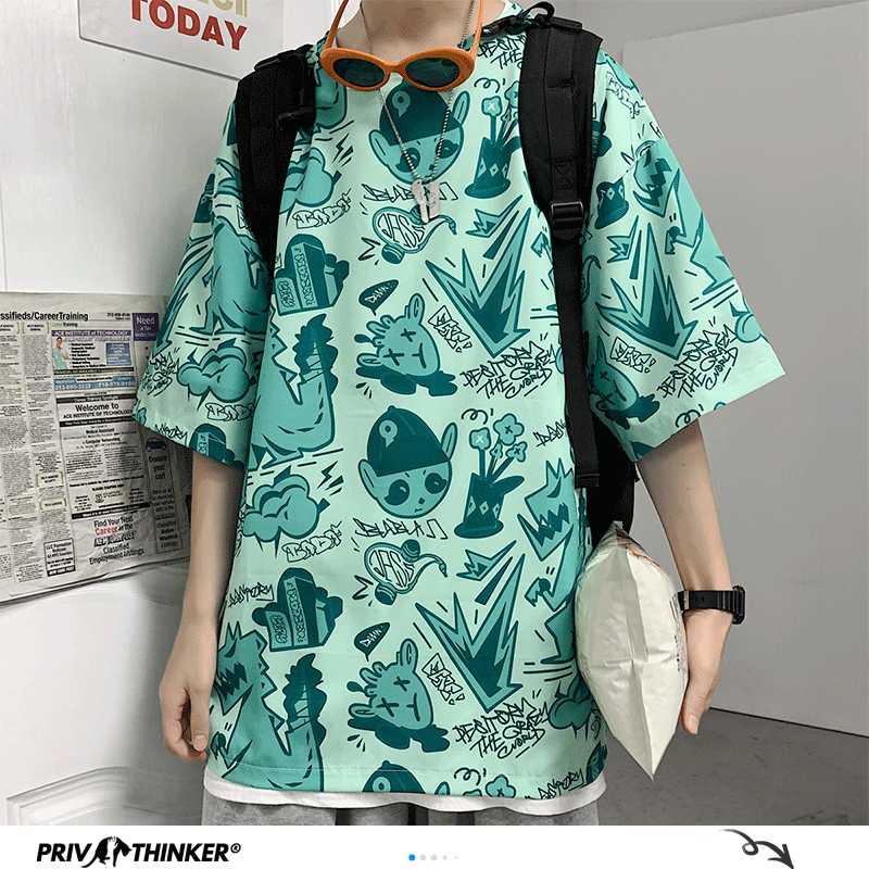 

Man Printed Tees Japan Streetwear Graphic T Shirt Man's 2020 Summer Hip Hop T-shirt Couple Harajuku Casual Clothes, Green(asiansize)