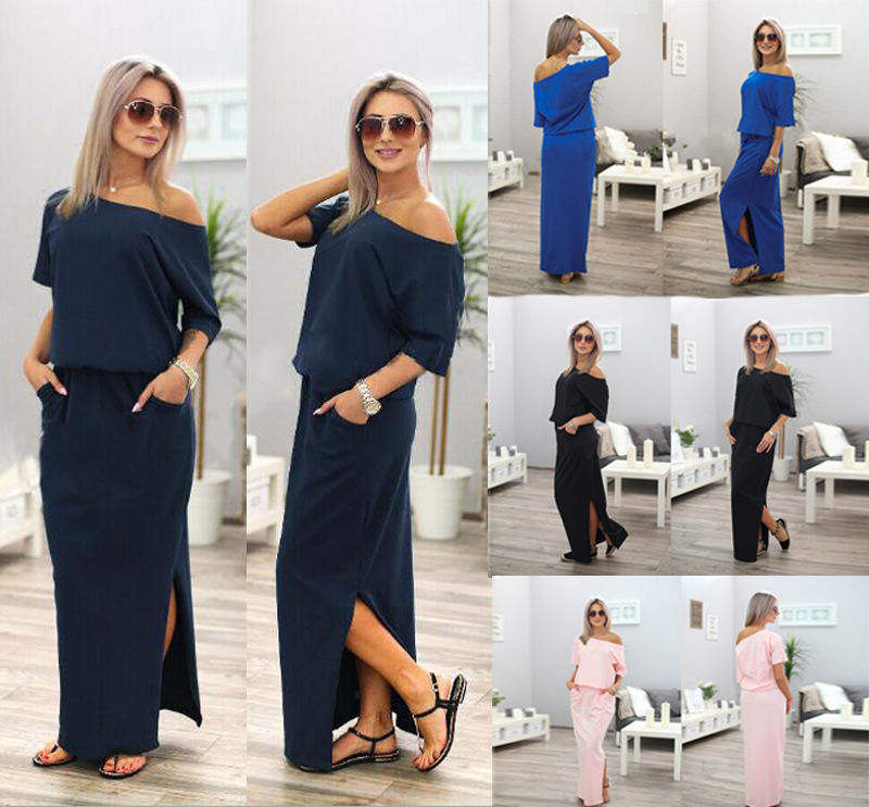 

New Summer Dress Long Maxi Dress Robe Casual Sexy Loose Elegant Side open pockets Women Dresses Vestido de festa, Black