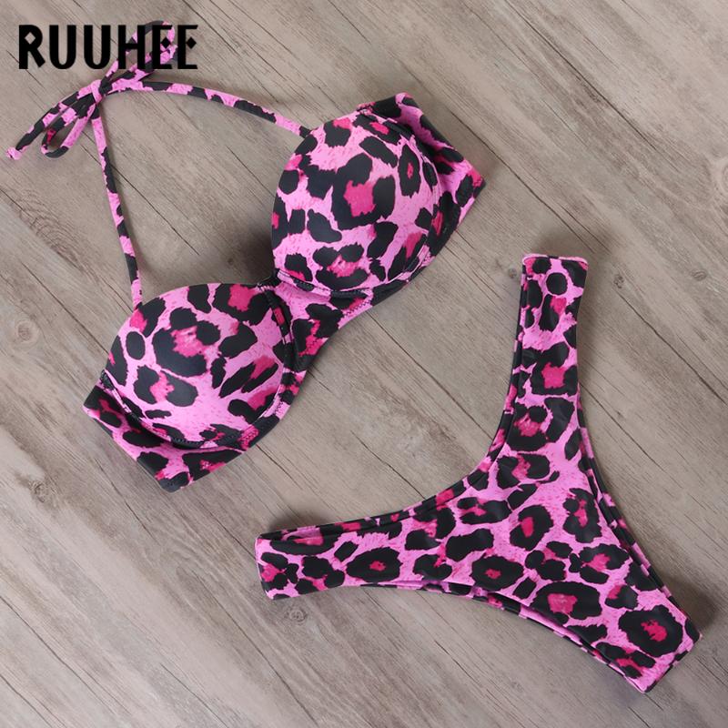 

RUUHEE Push Up Bikini 2020 Women Leopard Swimsuit Sexy Straps Swimwear Female Bandage Bathing Suit Brazilian Thong Bikini Set