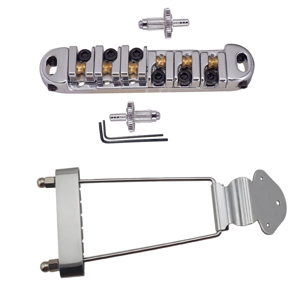 

6 String Jazz Guitar Roller Saddle Bridge with Hollowed Trapeze Tailpiece, Small Lock Studs, Wrenches - Silver