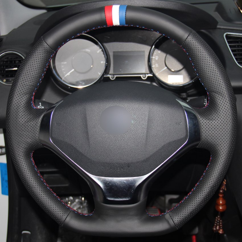 Black Natural Leather Red White Blue Marker Car Steering Wheel Cover for Peugeot 3008 2013-2015-image-441781517
