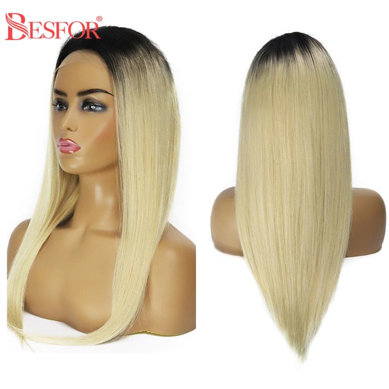 

BESFOR 4×4 Lace Closure Front Human Hair Wigs Ombre Color Blonde 1B613 With Dark Roots Free Part Remy Long Straight Hair Wig, 4x4 1b613