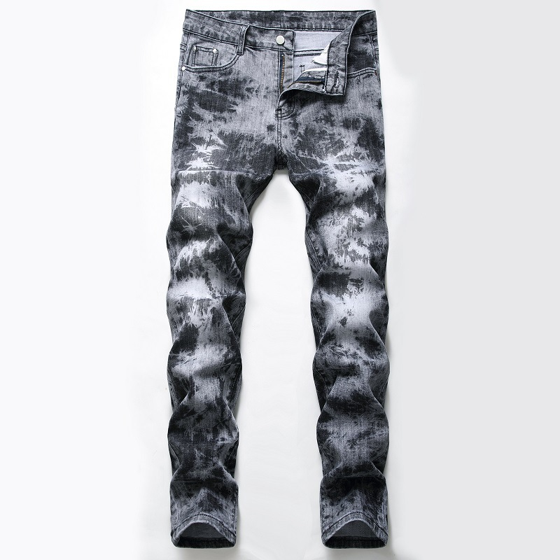 

Fashion Color Motorcycle Designer Denim Trousers Men Straight Digital Print MenJeans Hip Hop Print Slim Jeans Hombre, Gray