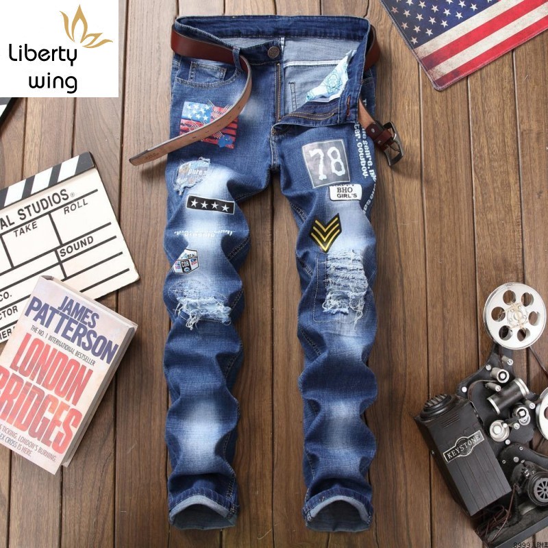 

Summer Elastic Frayed Slim Fit Jeans Pants Skinny Straight Punk Style Print Patches Casual Big Size Mens Denim Trousers, As picture