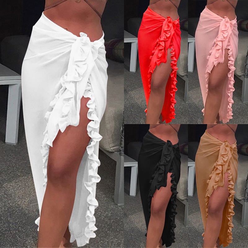 

2020 Women Beach Skirt Ruffles Sarong Bikini Cover Up Chiffon Wrap Skirts Swimwear Fashion Swimwear Cover up Beachwear
