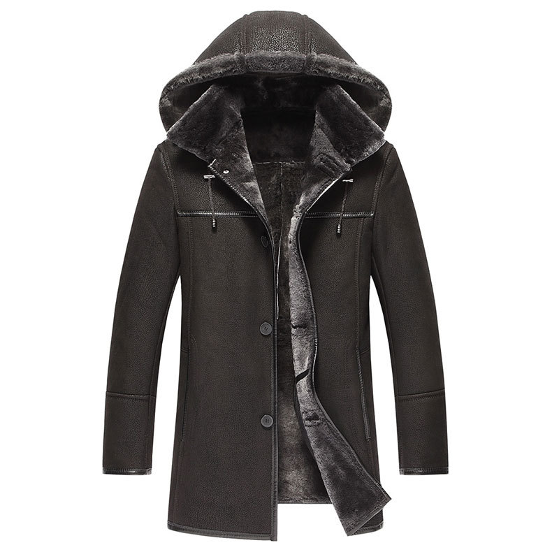 

Leather Jacket Men Sheep Shearing Real Fur Coat Warm Winter Coat Hooded Men's Leather Jacket Chaqueta Cuero Hombre 67303 YY687, Black