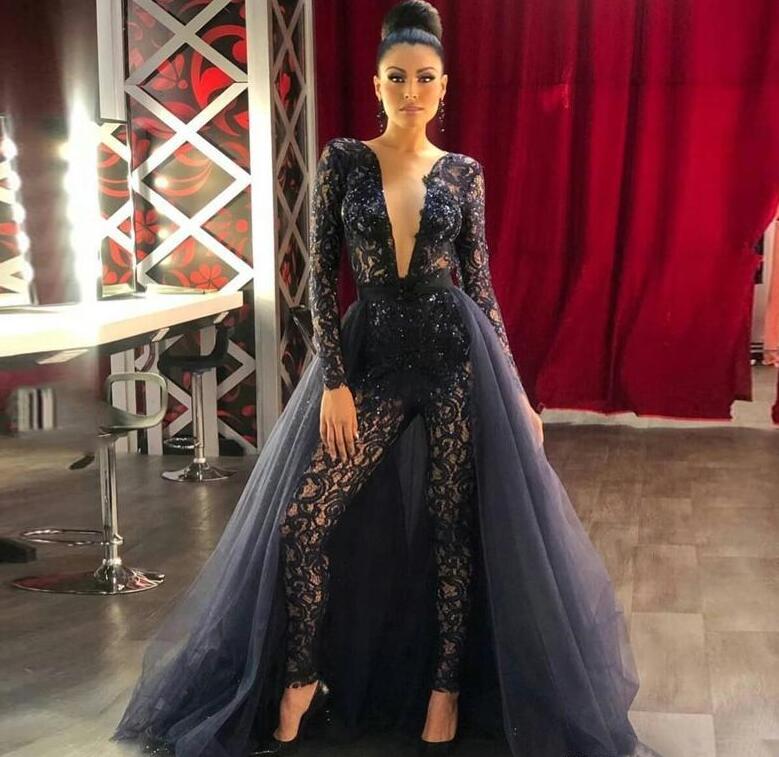 

2020 Chic Women Jumpsuits Prom Dresses with Detachable Train Lace Long Sleeve Sequined Evening Gowns Deep V Neck Sexy robes de soirée, Red