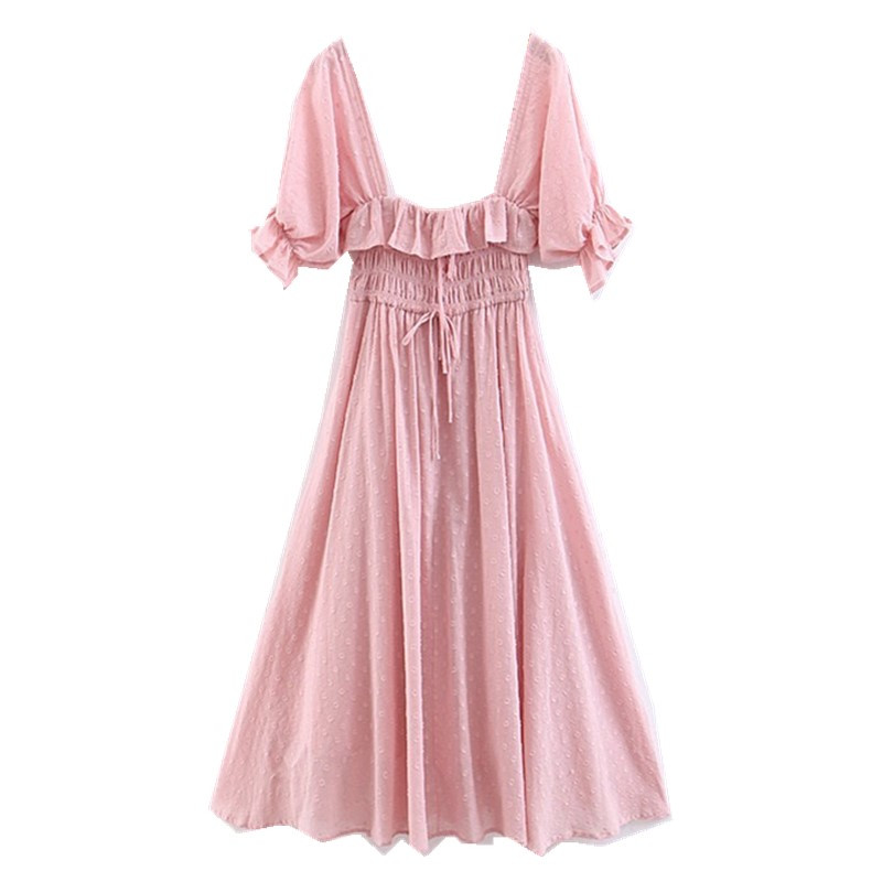 

2020 Women 3D Polka Dot Spliced Ruffles Square Collar Maxi Long Swing Dress Pink Sexy Backless Half Sleeve Dresses