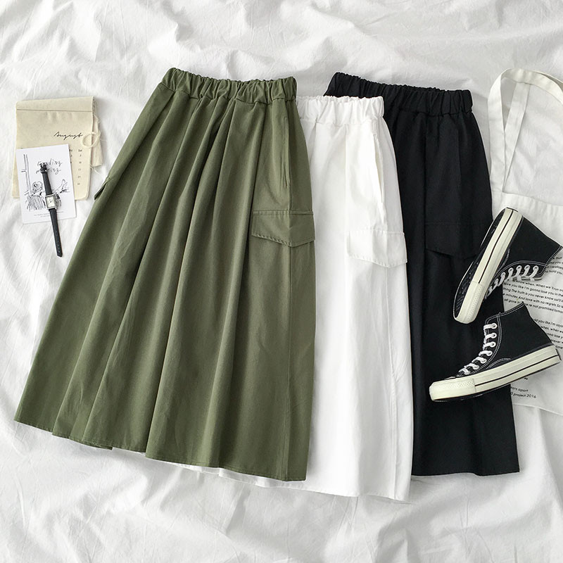 

GIGOGOU Spring Summer Long Women Skirt With Pockets High Waist A Line Skirt Elegant Loose Casual Female Pleated, White s2531