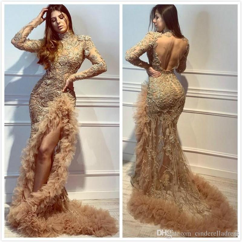 

2020 Gold Luxury Mermaid African Evening Dresses High Neck Lace Beaded Prom Dresses High Split Formal Party Bridesmaid Pageant Gowns, Silver