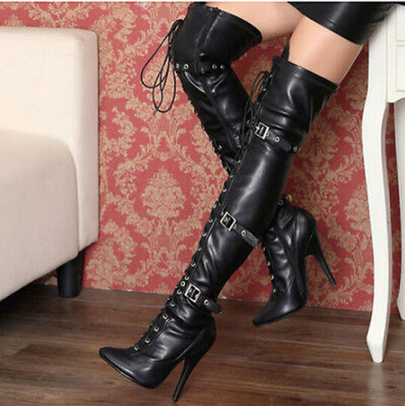 

Womens Genuine Leather Lace Up Strappy Zip Over Knee Thigh Boots High Stilettos Heel Shoes Belt Buckle Black White Red Plus Sz