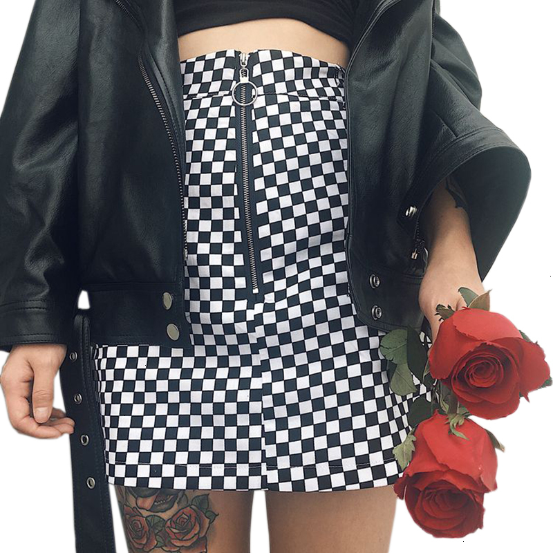 Checkered Skirt Black White Grid With Front Zipper Plaid High Waist Girls Skirts