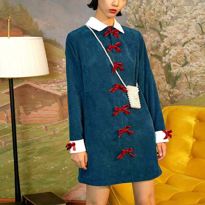 

Fashion Designer New Style Dress Women Turn Down Collar Full Sleeve Chic Bows Party Dress Vintage Ladies Clothes Vestidos SL382, Multi