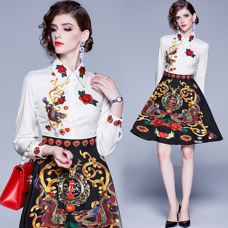 

New Royal Style Fashion Printed Shirt Dress Spring Fall Runway Women's Vintage Big Swing Dress Office Lady Business Slim Party Prom Dresses, Black;gray