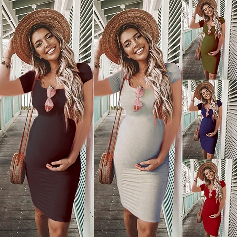 Bunvel été moulante femmes enceintes robes d'été solide vêtements de maternité à manches courtes robes de grossesse Premama porter des vêtements