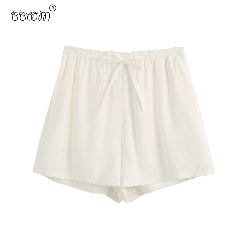 

2020 Women Fashion Drawstring Shorts Vintage High Elastic Waist Side Pockets Short Pants Casual Chic Pantalones Cortos, As picture