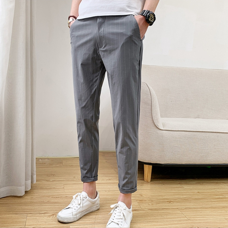

2020 Suit pants summer Male stripe business casual nine points suit pants men's trousers men stripe slim nine points, Black