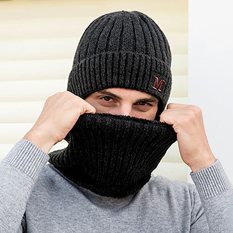 

Beanie Hat Scarf Set Men Autumn Winter Knitted Warmer Headwear Cap Neck Fluffy