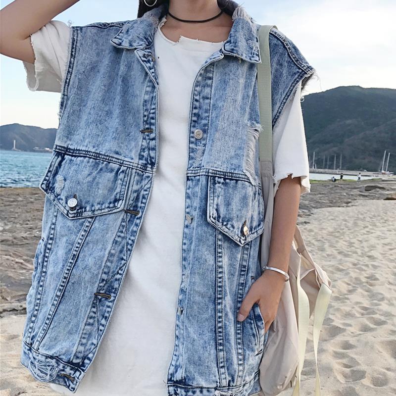 

Denim Vests hole Women Waistcoat Turn-down Collar Coat Sleeveless Denim Jacket, Sky blue