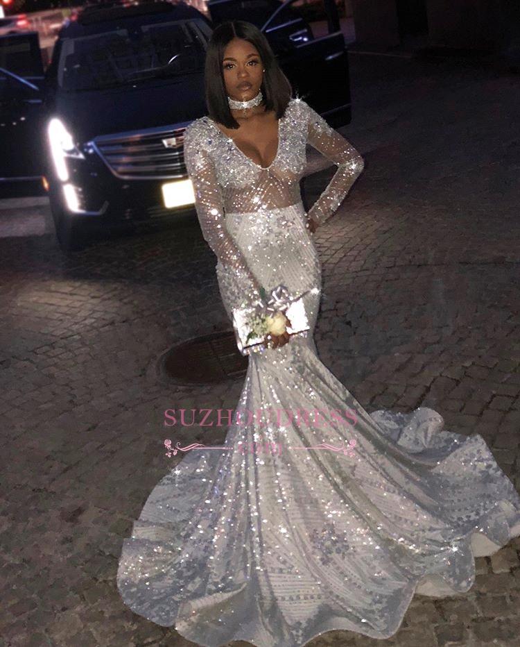 

2K19 Sparkly Silver Sequins Mermaid Prom Dresses for Black Girl Deep V Neck Long Sleeves Sexy Evening Party Gowns BC0871, Light sky blue
