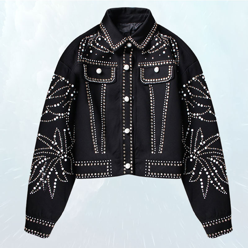

Denim Womens Jacket Loose Long Sleeve Single Breasted Pearls Diamonds Coat Female 2018 Autumn Streetwear Fashion Outwear SL087, Black