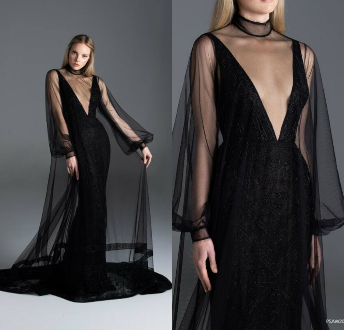 

2020 Paolo Sebastian Black Evening Dresses High Neck Tulle Beaded Long Sleeve Mermaid Prom Dress Party Wear Formal Occasion Gowns, Dark green