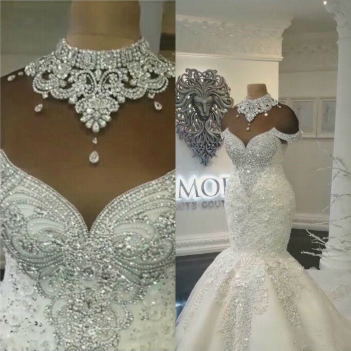 

Luxury 2019 High Neck Arabic Mermaid Wedding Dresses Beading Crystals Court Train Plus Size Wedding Dress Bridal Gowns Custom, Brown