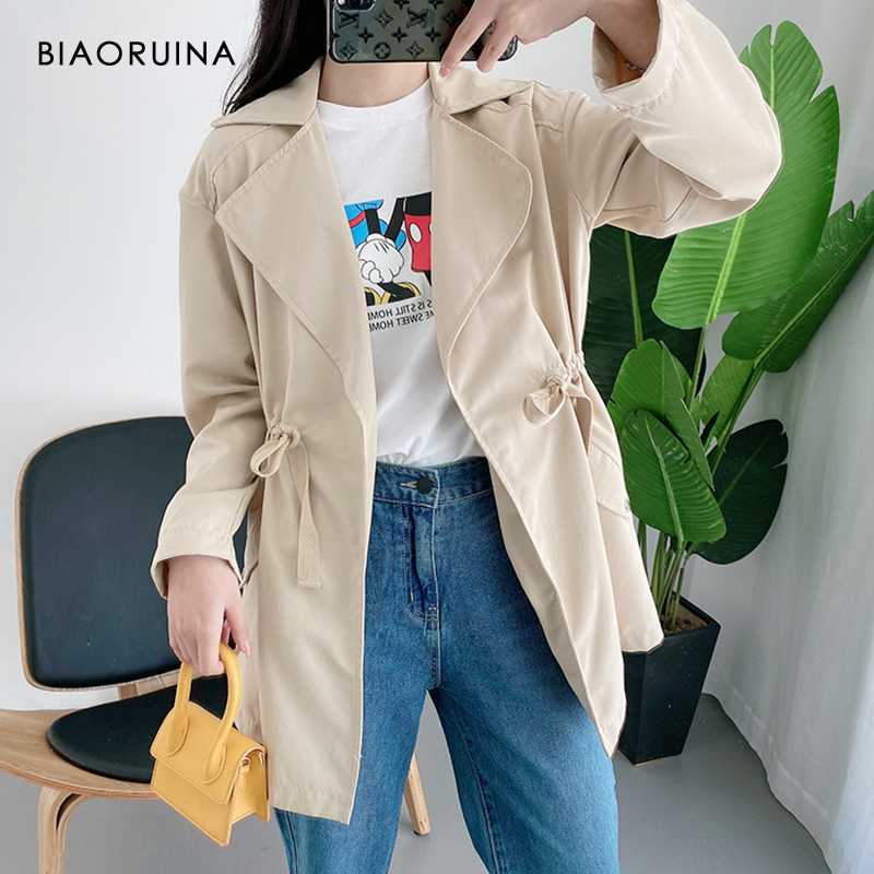 

BIAORUINA Women's Solid Color Casual Loose Belted Trench Coat Turn-down Collar Female Elegant Loose Long Coat Fashion Outerwear, Army green
