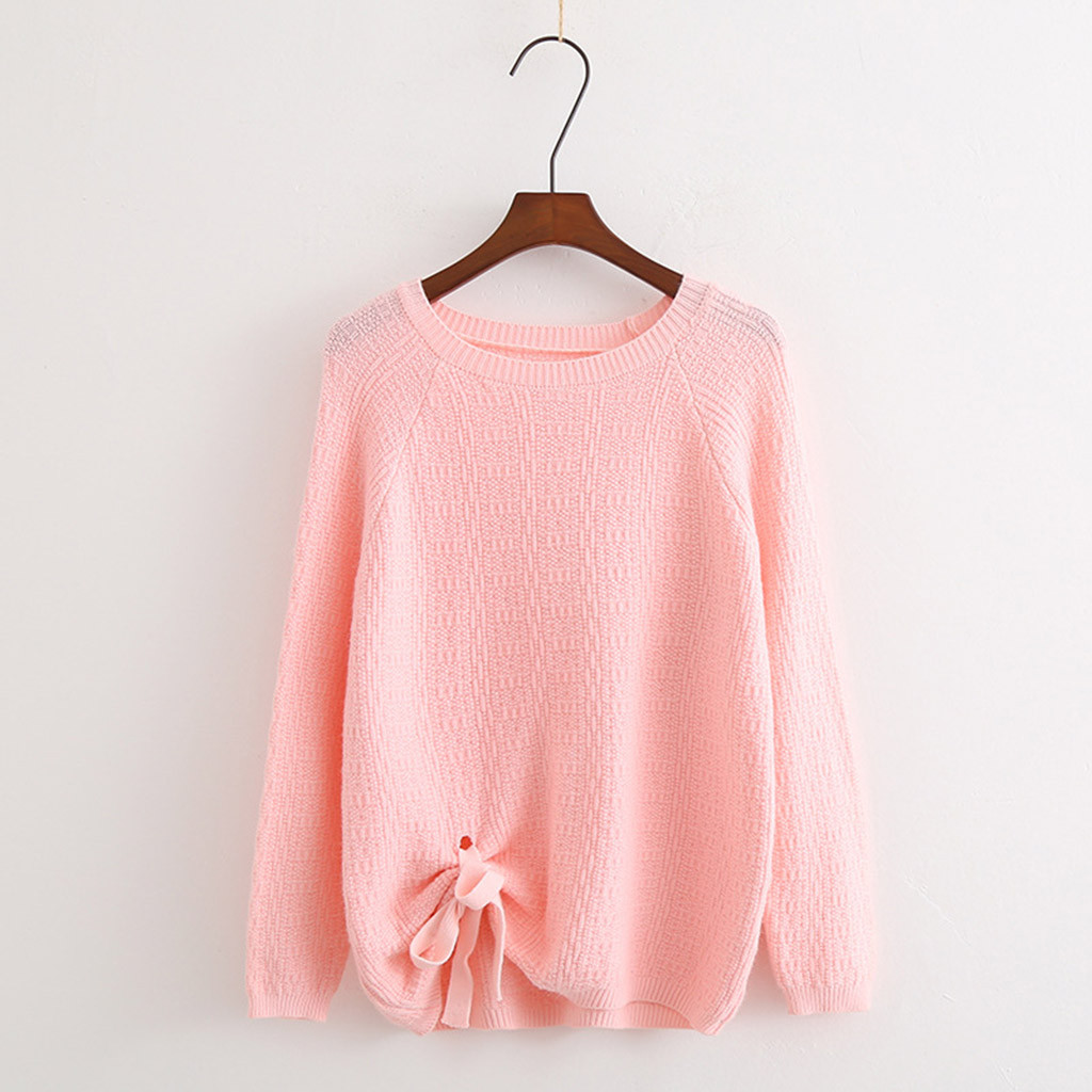 

Lady Long Sleeve Casual Solid Bandag Autumn Winter Versatile Loose Knit Sweater Side tie with bow Fleece Crop Top Mujer, Pink