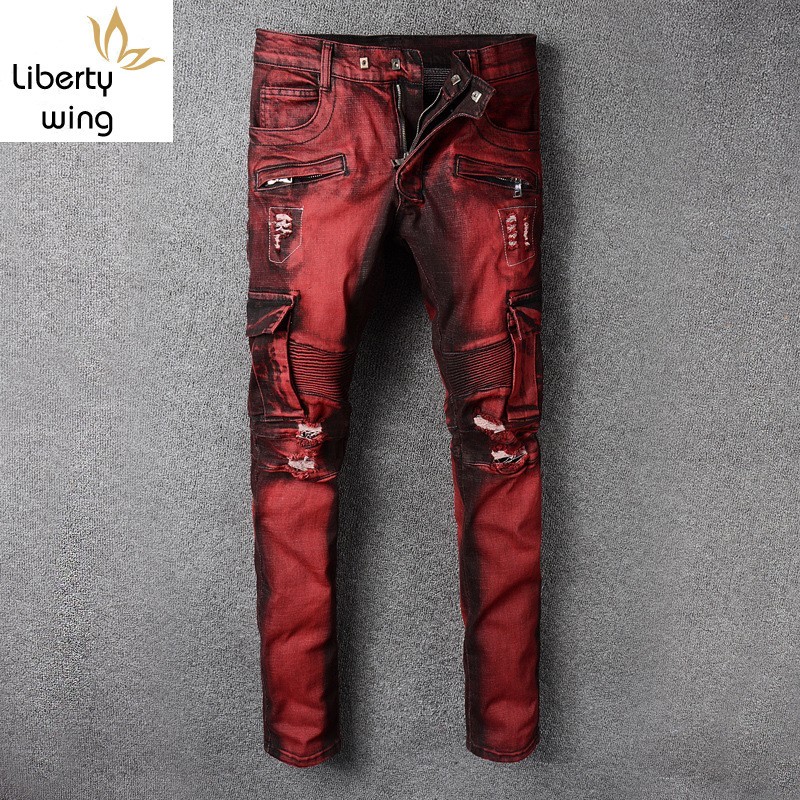

New Mens Punk Retro Red Hole Ripped Denim Cargo Trousers Plus Size Slim Fit Motorcycle Jeans Pocket Long Pencil Pants