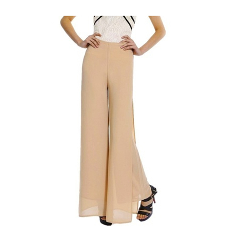 

Side Split Wide Leg Pants Women Hot Sale Fashion Chiffon trousers High Waist Long Trousers Casual Slim Loose Pant Pantalones, Apricot