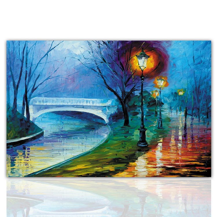 Unframed Landscape Decorative Art Prints Oil Painting on Canvas for Living Room Wall Decor Street Lamp Beside The River HD Quality-image-448642283