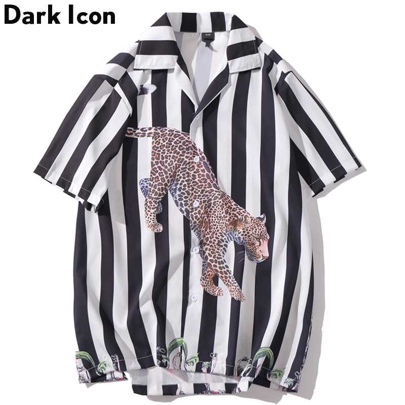 

Dark Leopard Printed Hip Hop Shirt Men New Fashion Black Stripe Shirts Short Sleeve Men' Tops, Black shirt