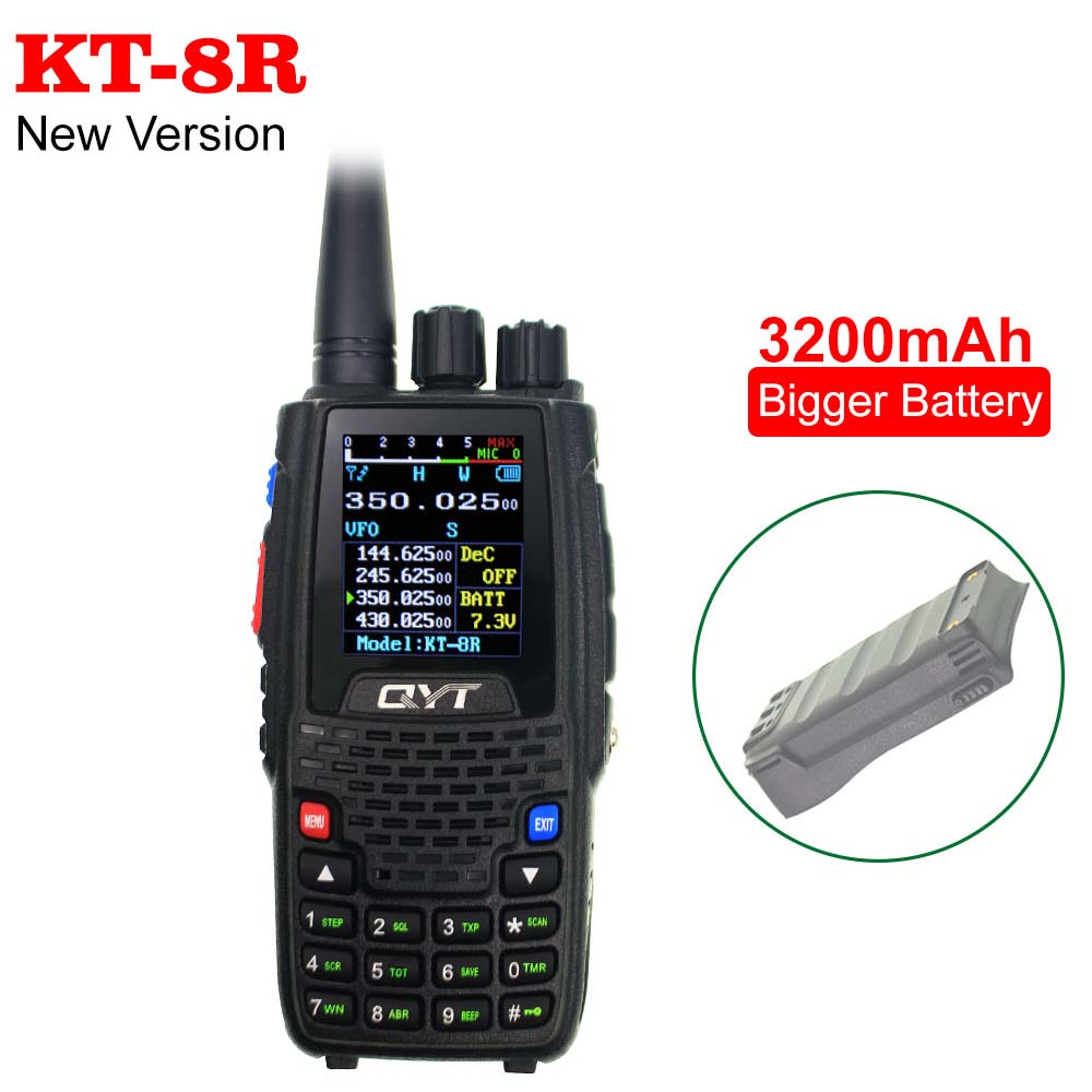 

New QYT KT-8R with 3200mAh battery Quad Band 136-174MHz 220-260MHz 400-480MHz 350-390MHz handheld radio KT8R 5W UV walkie talkie