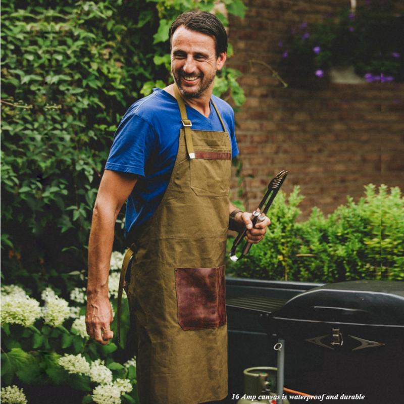 

Durable Work Apron Waterproof Waxed Canvas Aprons Genuine Cowhide Pocket for Barista senior bartender Chef Customizable