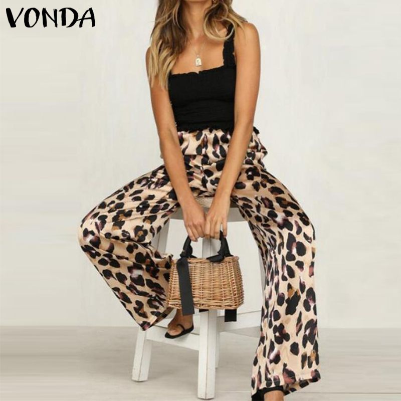 

Sexy Wide Leg Pants Women 2019 VONDA Leopard Print Long Pants Autumn Summer Elastic Streetwear Casual Loose Trousers Plus Size, Yellow