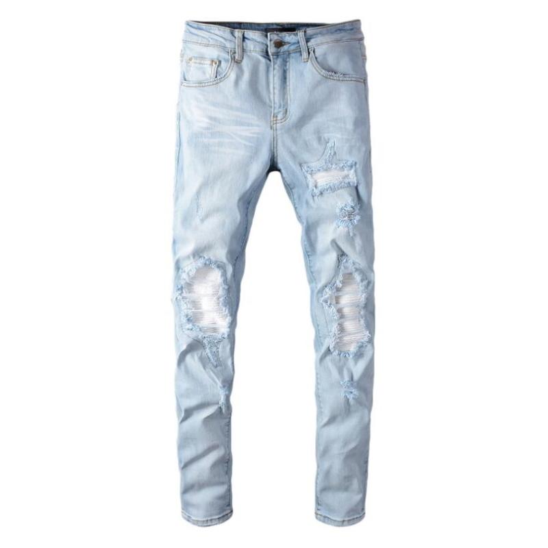 

Men Draped Ripped Skinny Biker straight classic Solid Color Solid Holes Jeans Blue Pencil pants Slim Fit Denim Scratched Jean